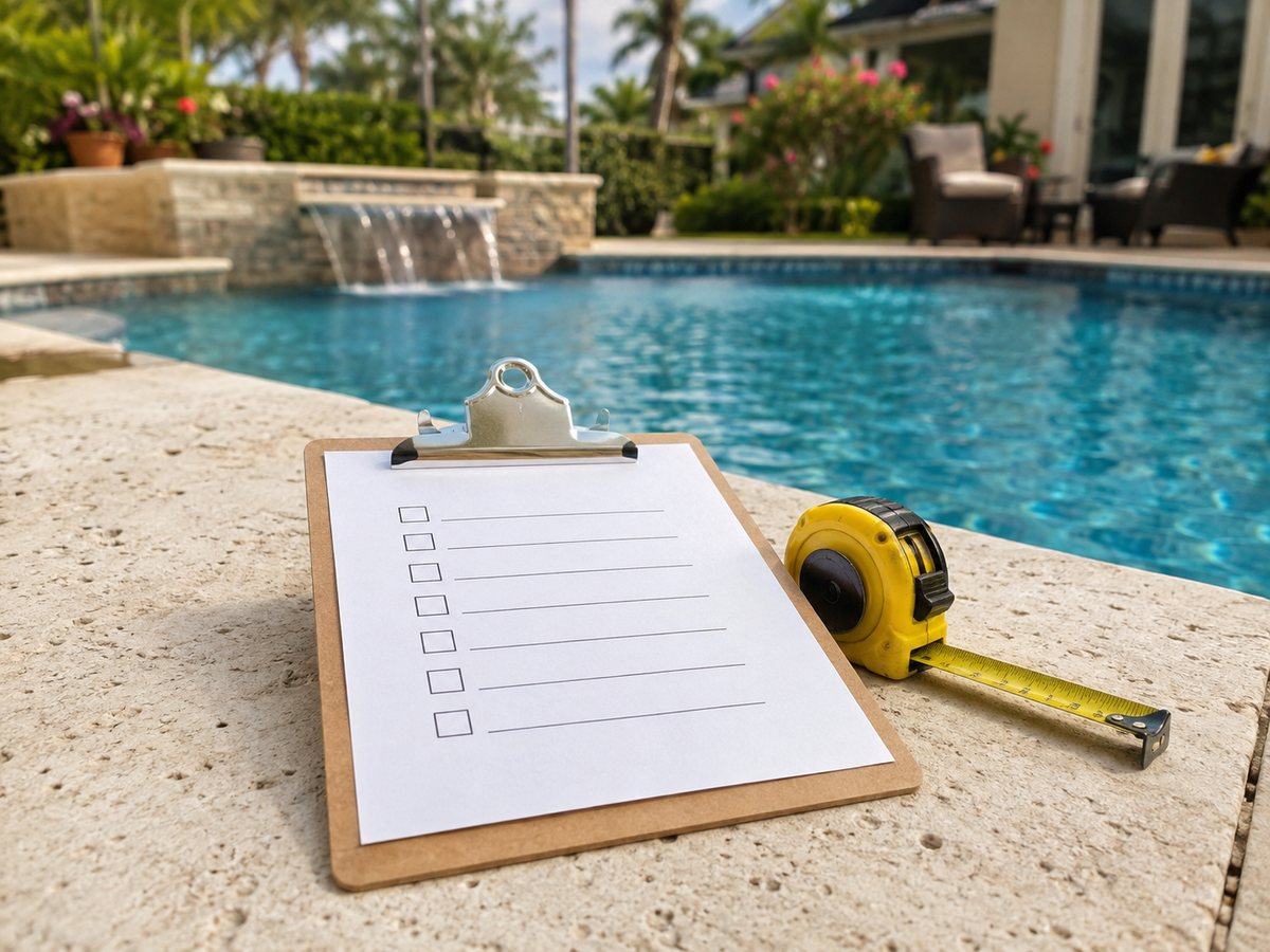 A pool inspection checklist and tape measure resting on a pool deck edge