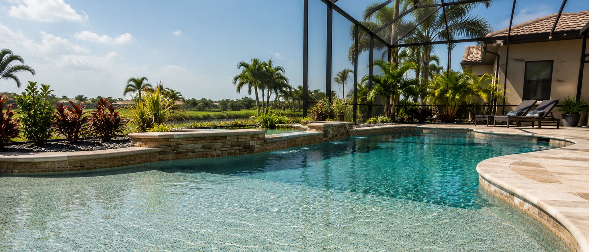 A newly resurfaced backyard pool with clear turquoise water inside a screened lanai in Cape Coral, Florida