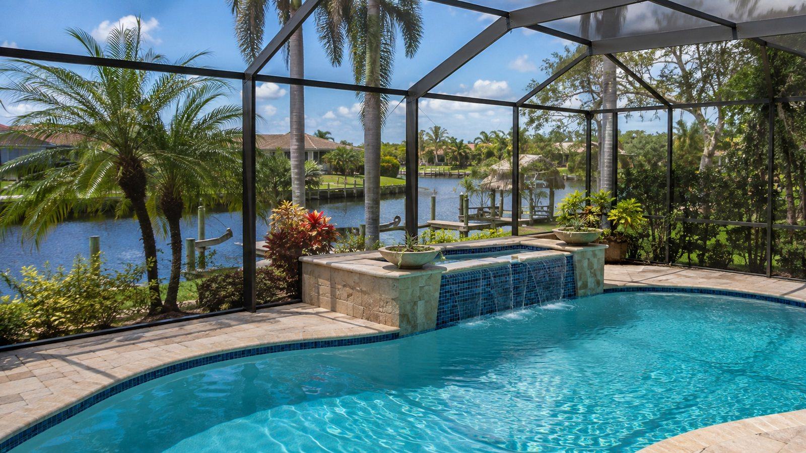 A residential backyard pool in North Fort Myers, Florida