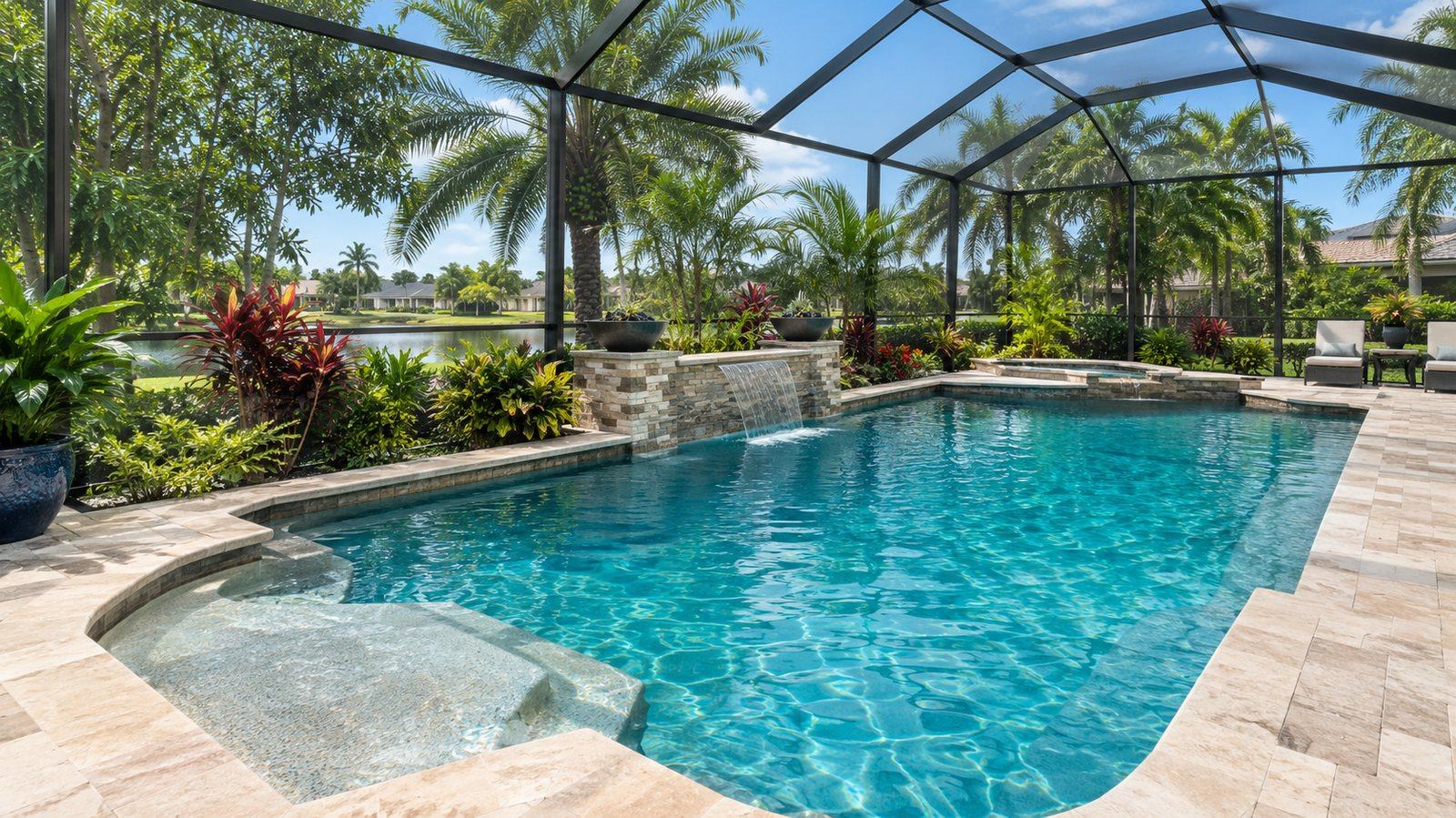 A residential backyard pool in Estero, Florida