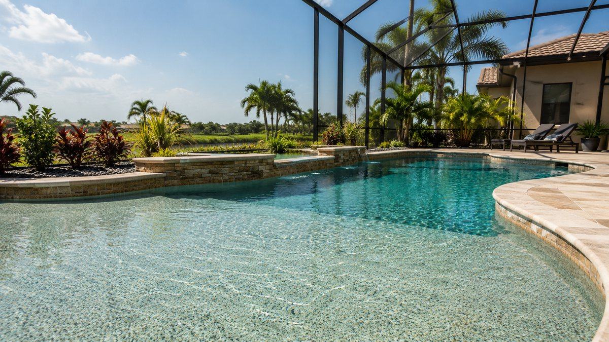 A residential pebble-finish pool in a Cape Coral backyard