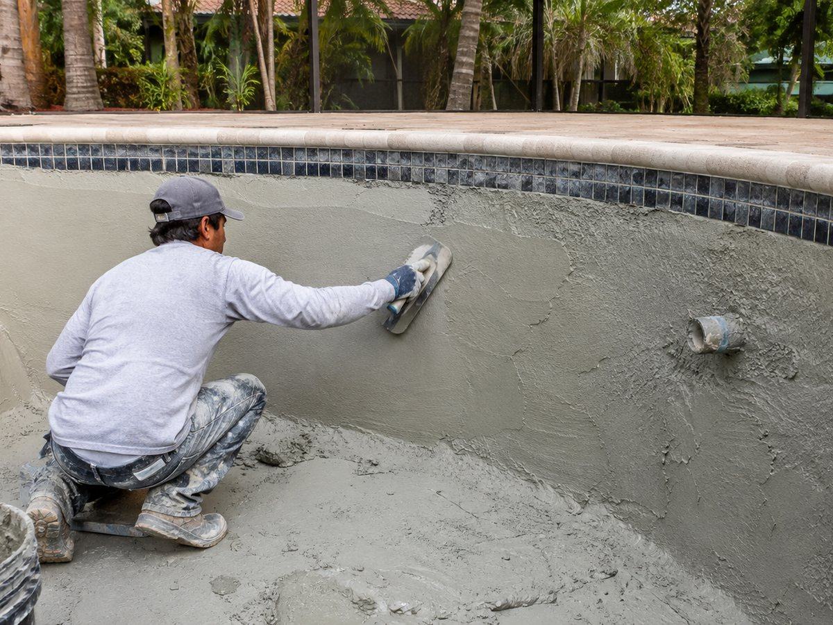 A pool resurfacing contractor troweling a fresh finish onto a drained pool wall